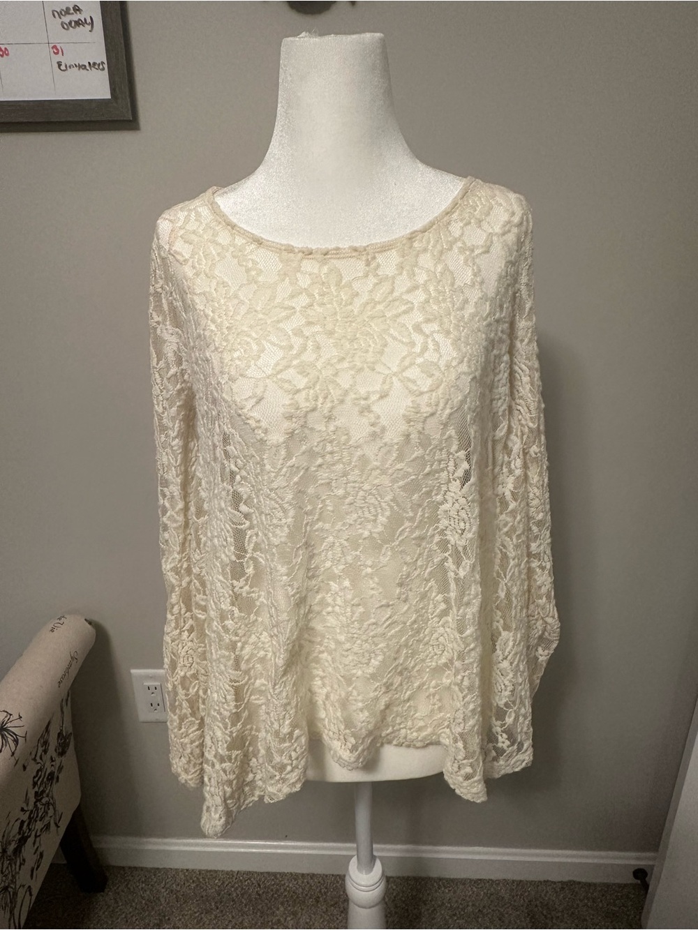 Women’s Lace Overlay Long-Sleeve Top - Cream- minor discoloration